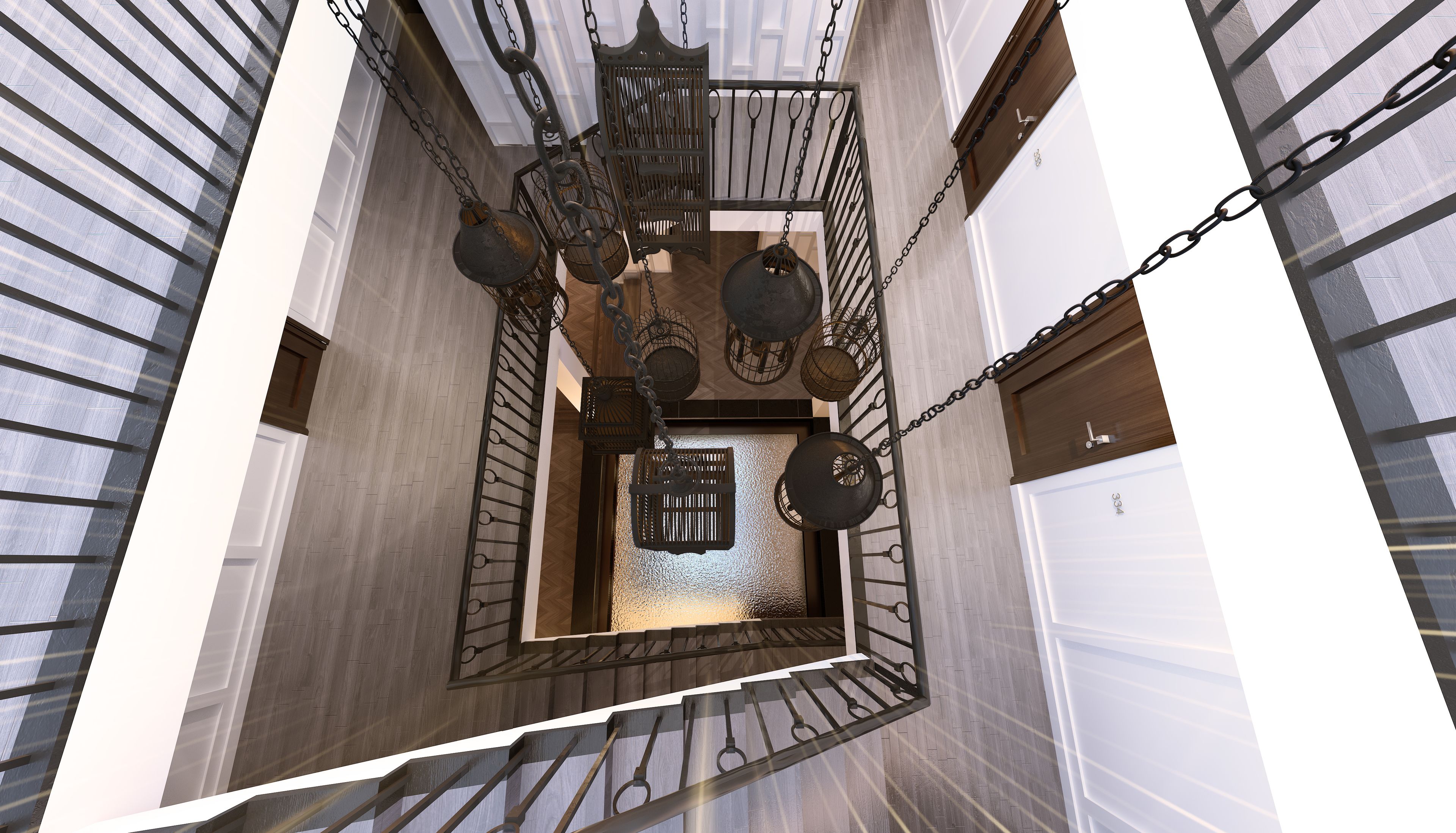 A spiral staircase with metal railings and hanging lanterns, leading to a door marked with the number 334.
