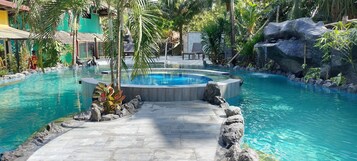 Un área de piscina con hidromasaje, rodeada de rocas y plantas.