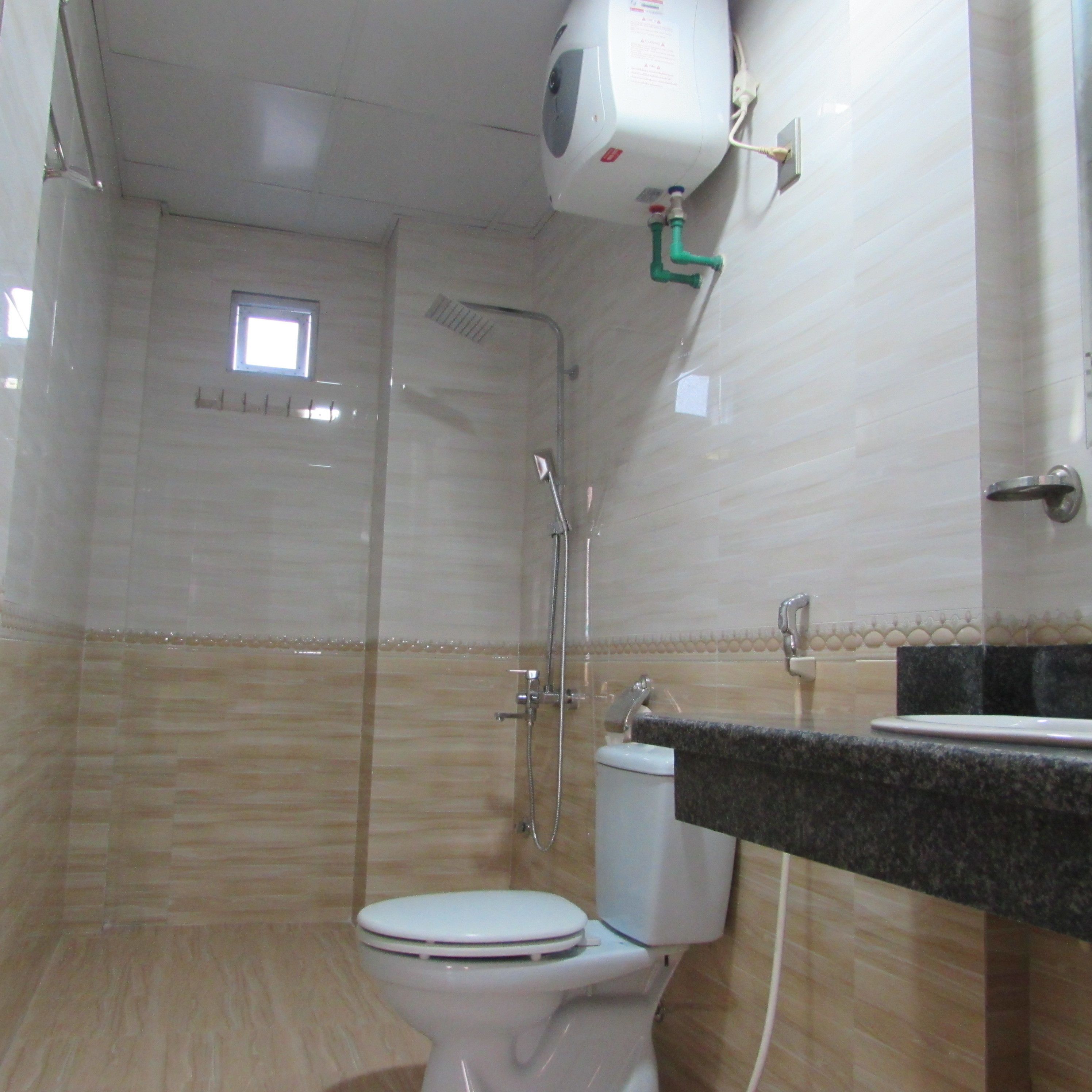 Een badkamer met toilet, douche en wastafel.