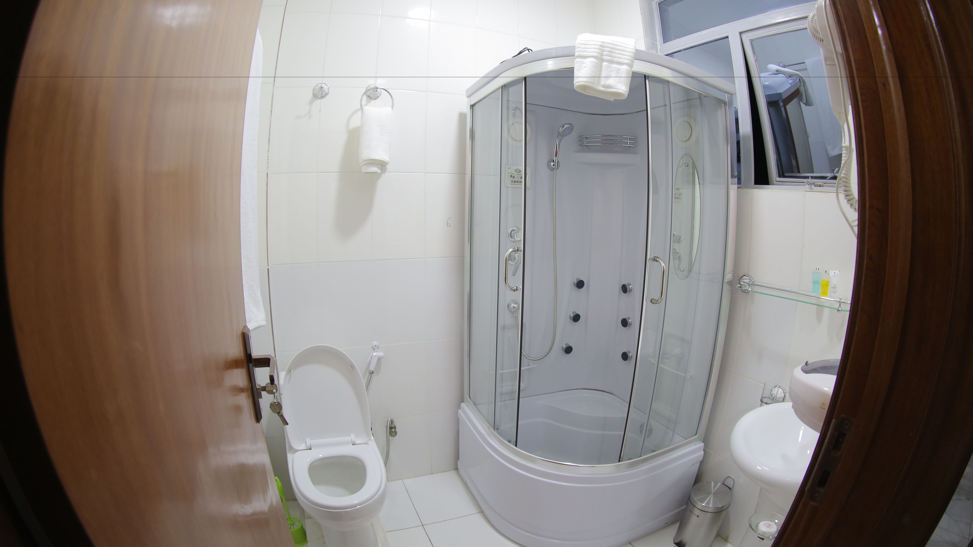 Une salle de bain avec une douche à parois de verre, des toilettes et un lavabo.