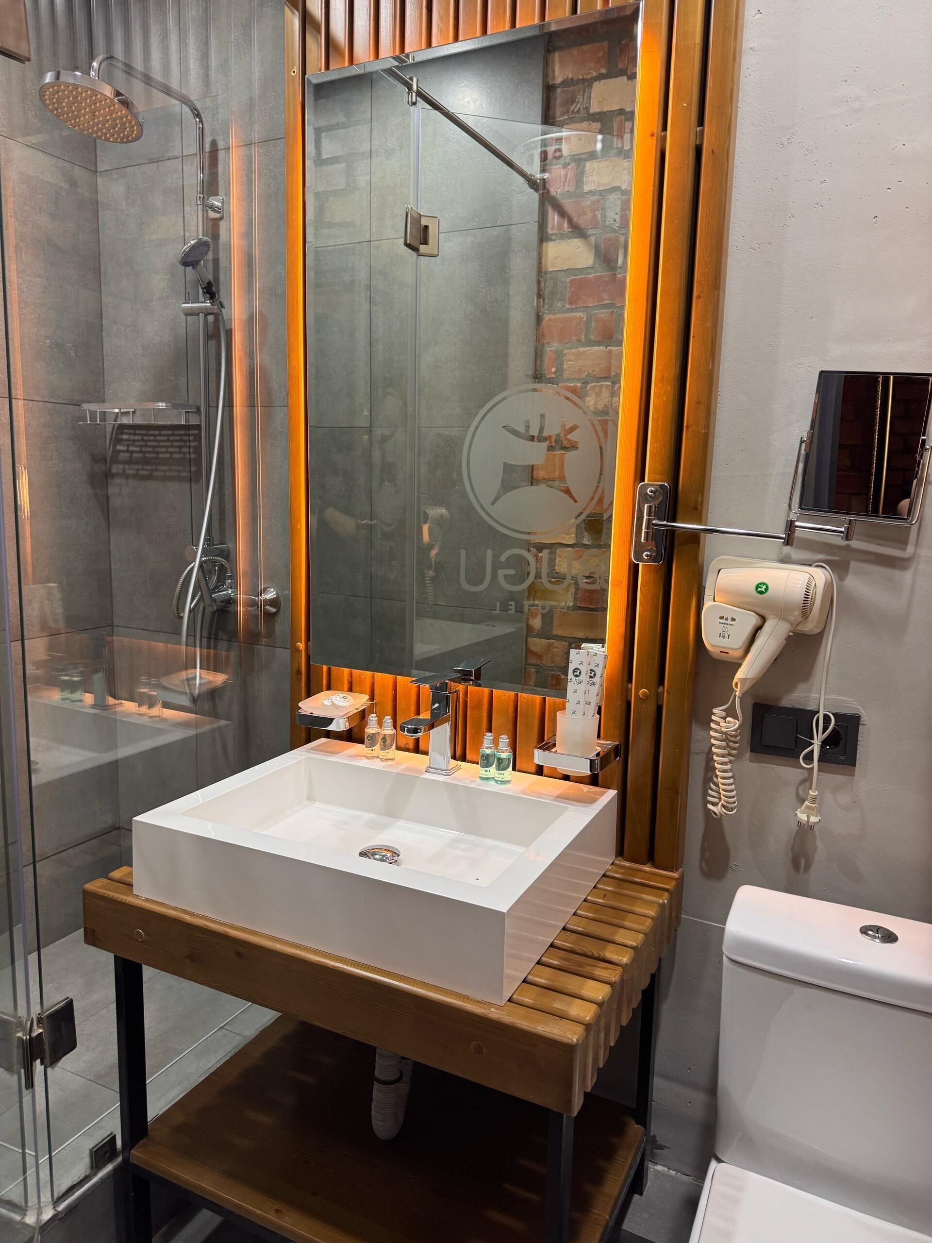 A modern bathroom with a glass-enclosed shower, a white sink with wooden shelves, and a toilet with a hairdryer.