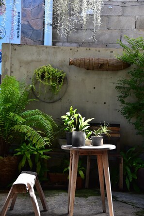 A wooden bench, a small table with potted plants, and a hanging basket with greenery against a concrete wall. - Hosts Huahin - Hostel (Hua Hin)