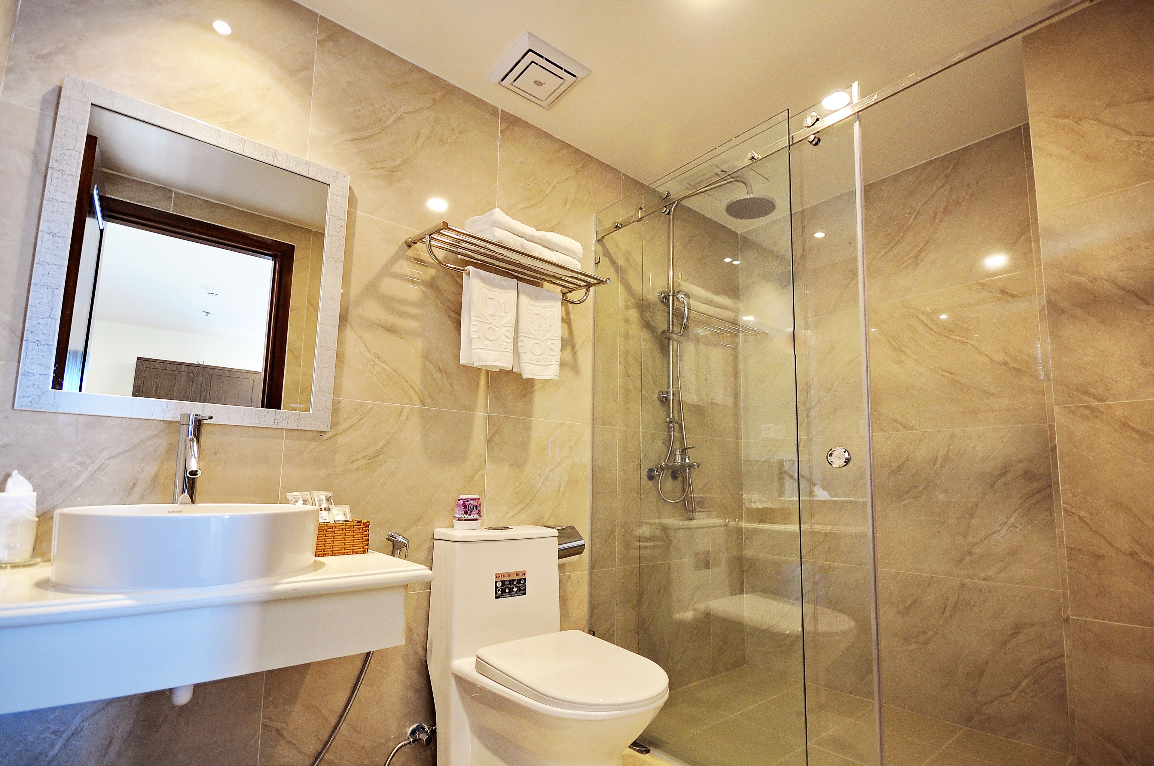 A modern bathroom with a glass-enclosed shower, a white sink, and a toilet.
