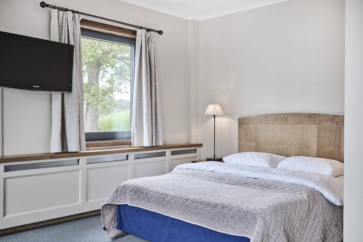 A hotel room with a bed, a flat-screen TV mounted on the wall, a window with curtains, a bedside lamp, and a view of greenery outside.