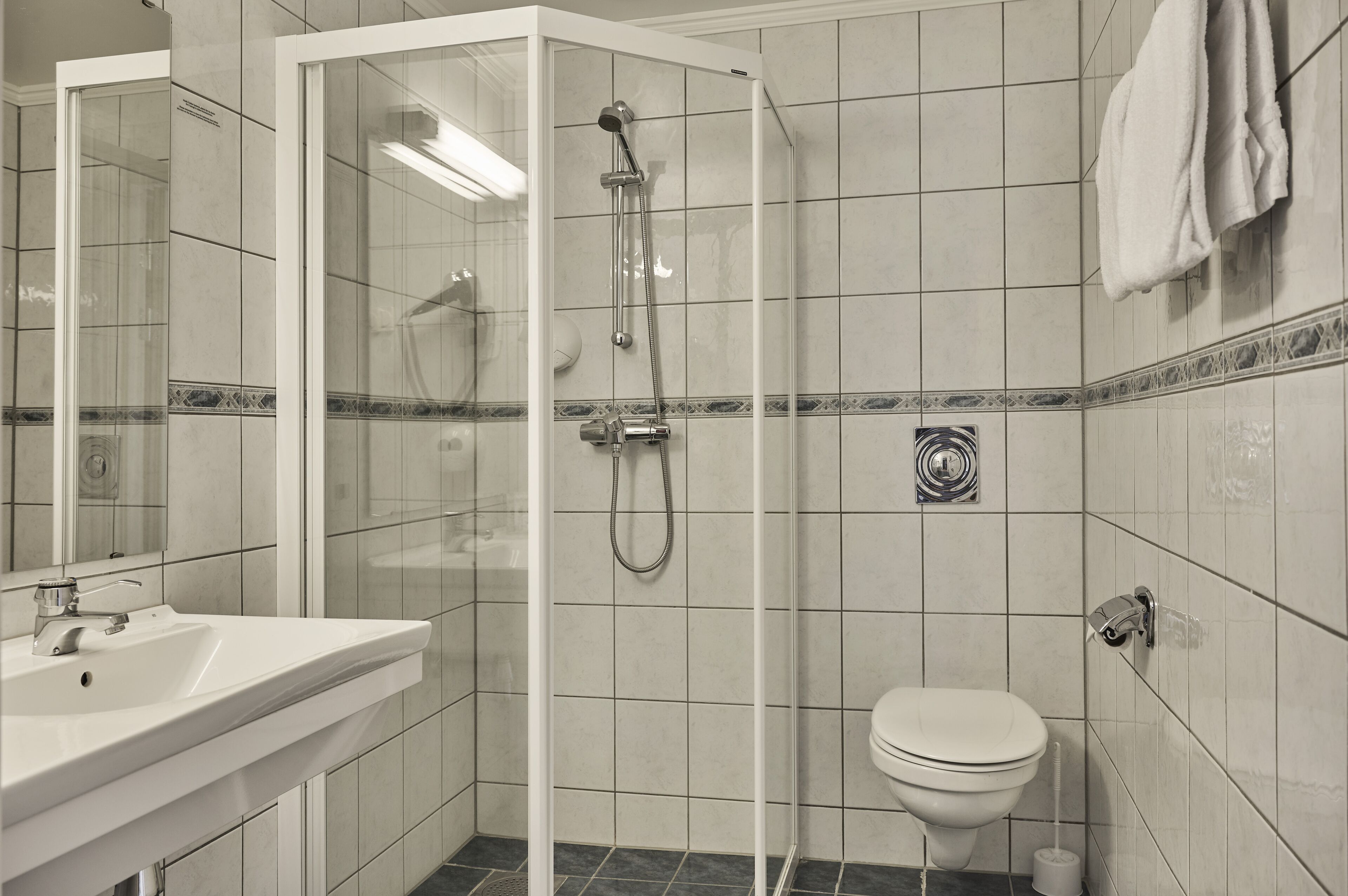A bathroom with a glass-enclosed shower, a white sink, and a toilet.