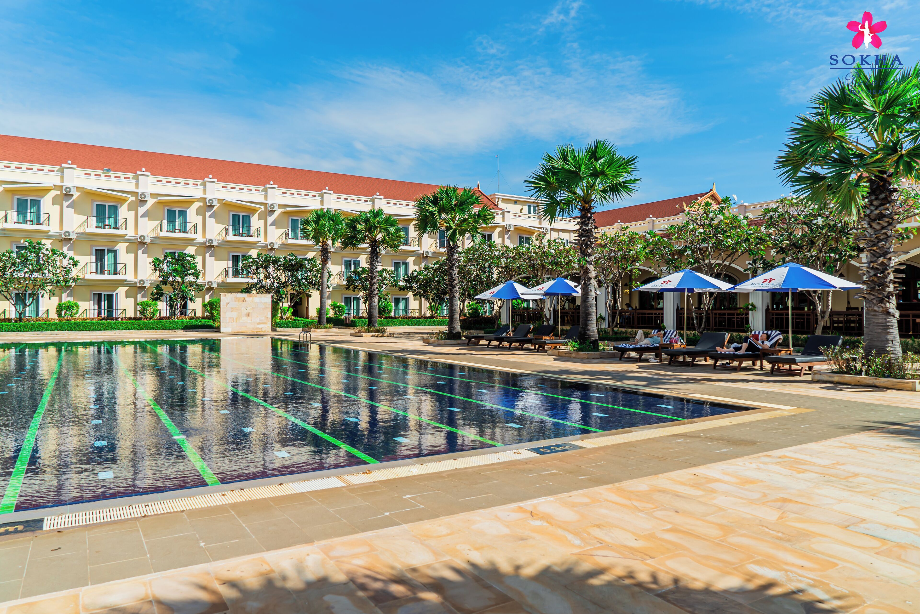 A swimming pool with lounge chairs and umbrellas, surrounded by palm trees and a hotel building in the background.