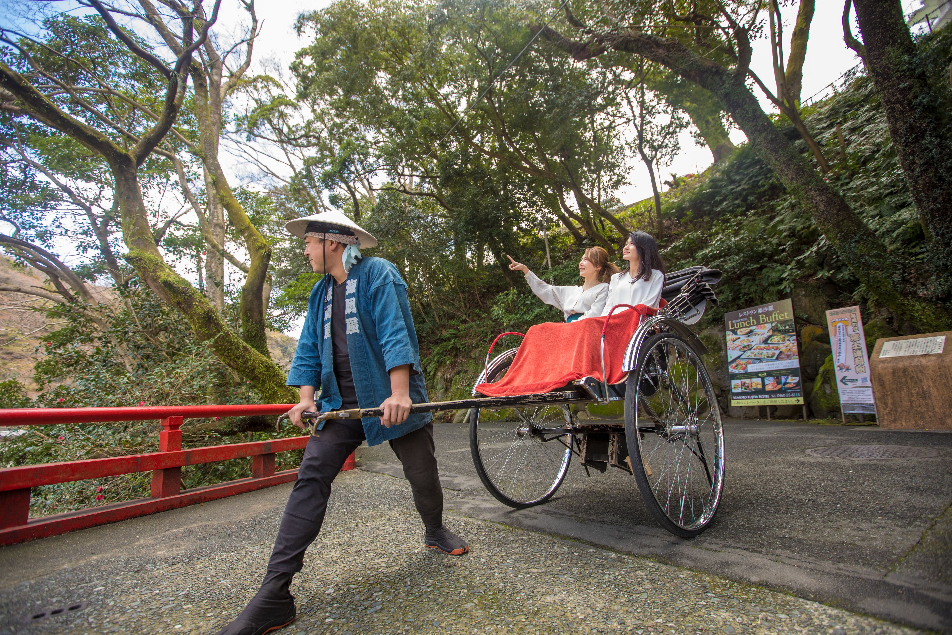 A person pushing a bicycle cart with passengers, surrounded by greenery and a red railing.