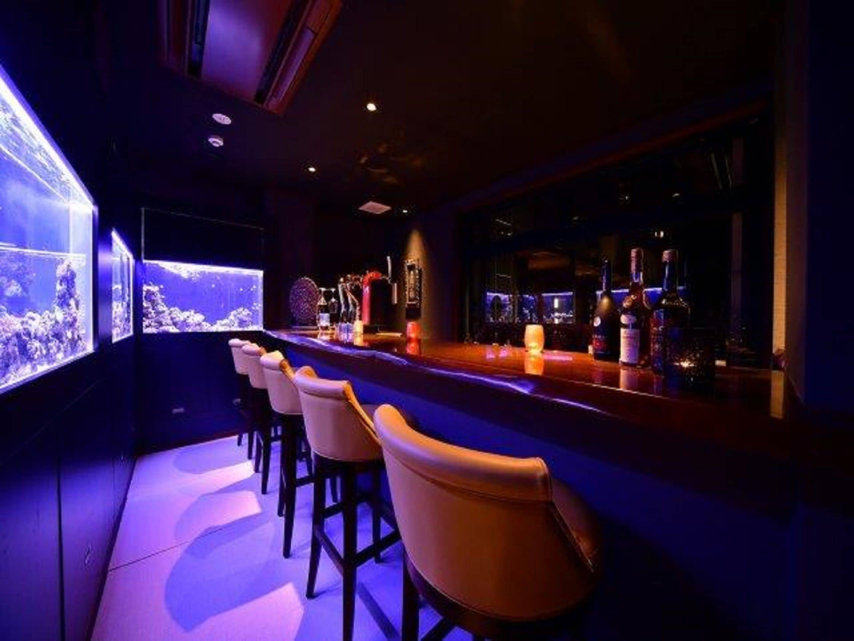 Una zona de bar con una barra larga, taburetes y un acuario grande.