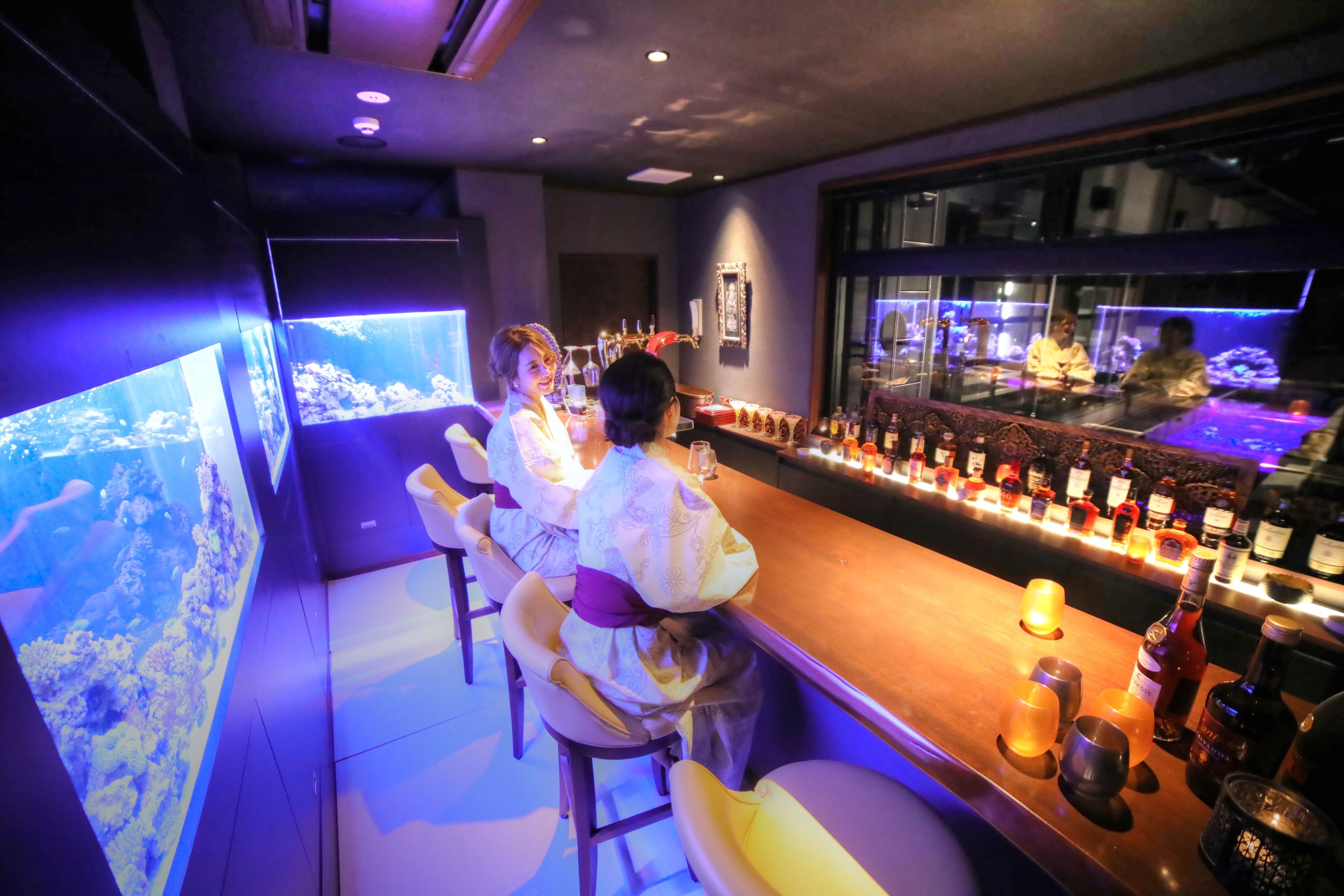 Un espace bar avec deux tabourets, un comptoir et un grand aquarium.