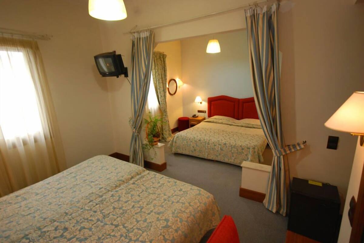 Habitación de hotel con dos camas, televisión, lámpara y una mesita con una planta.