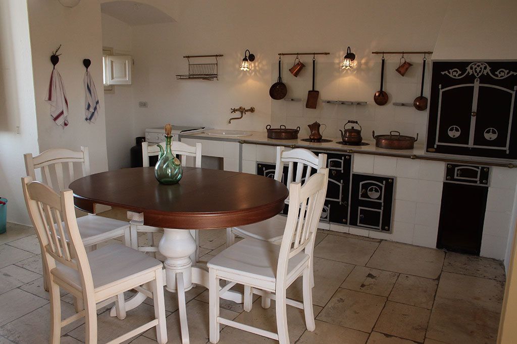 A dining area with a round wooden table and white chairs, a kitchen with hanging pots and a black-framed door.