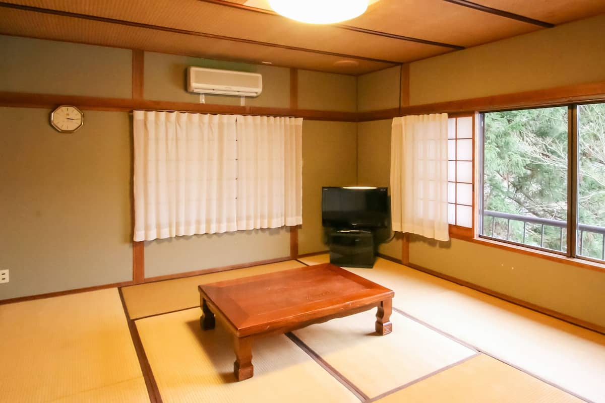 Una habitación japonesa tradicional con suelo de tatami, una mesa de madera, un televisor y una ventana con vistas a árboles.
