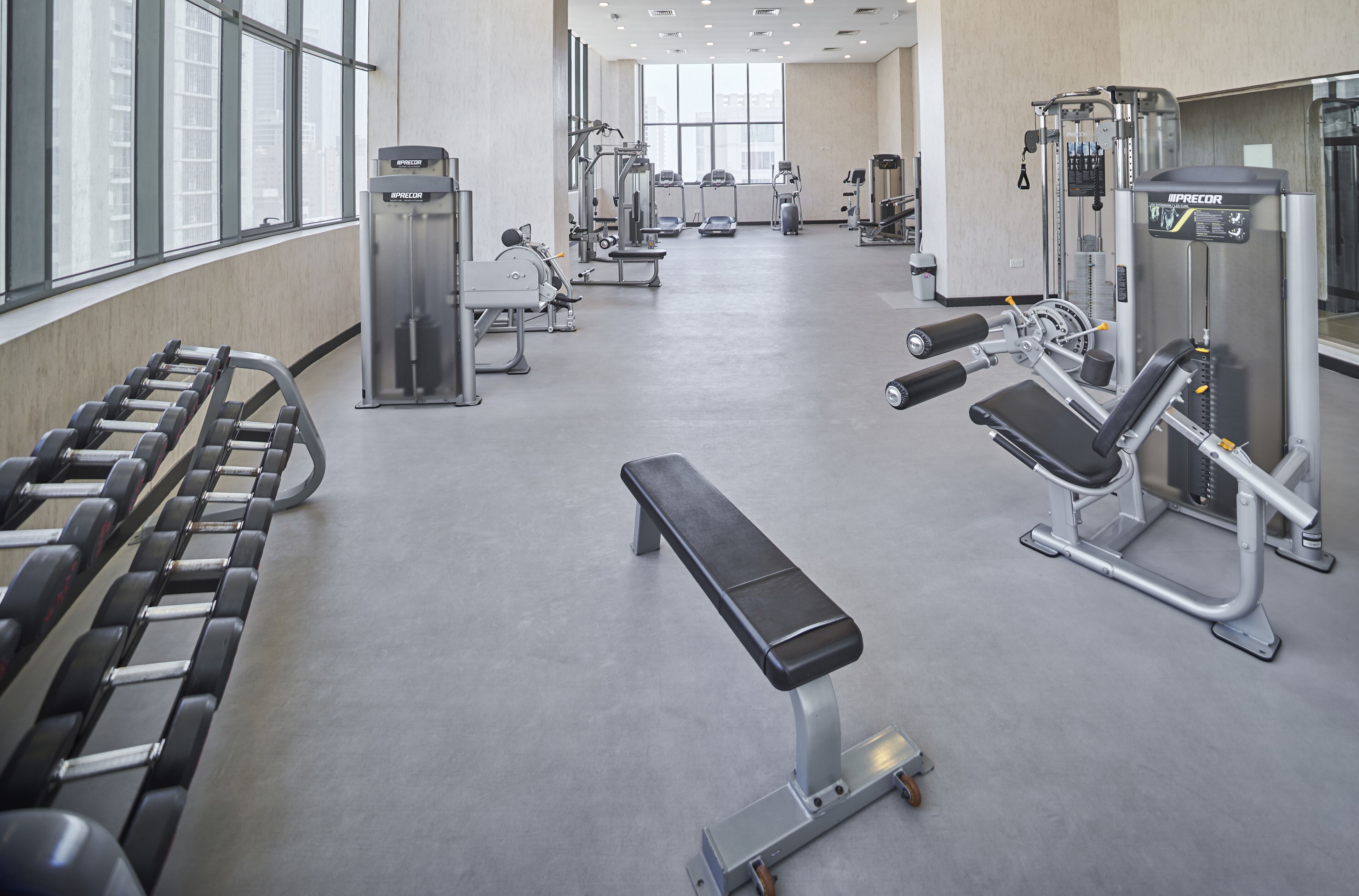 A gym with various exercise machines, a bench, and dumbbells.