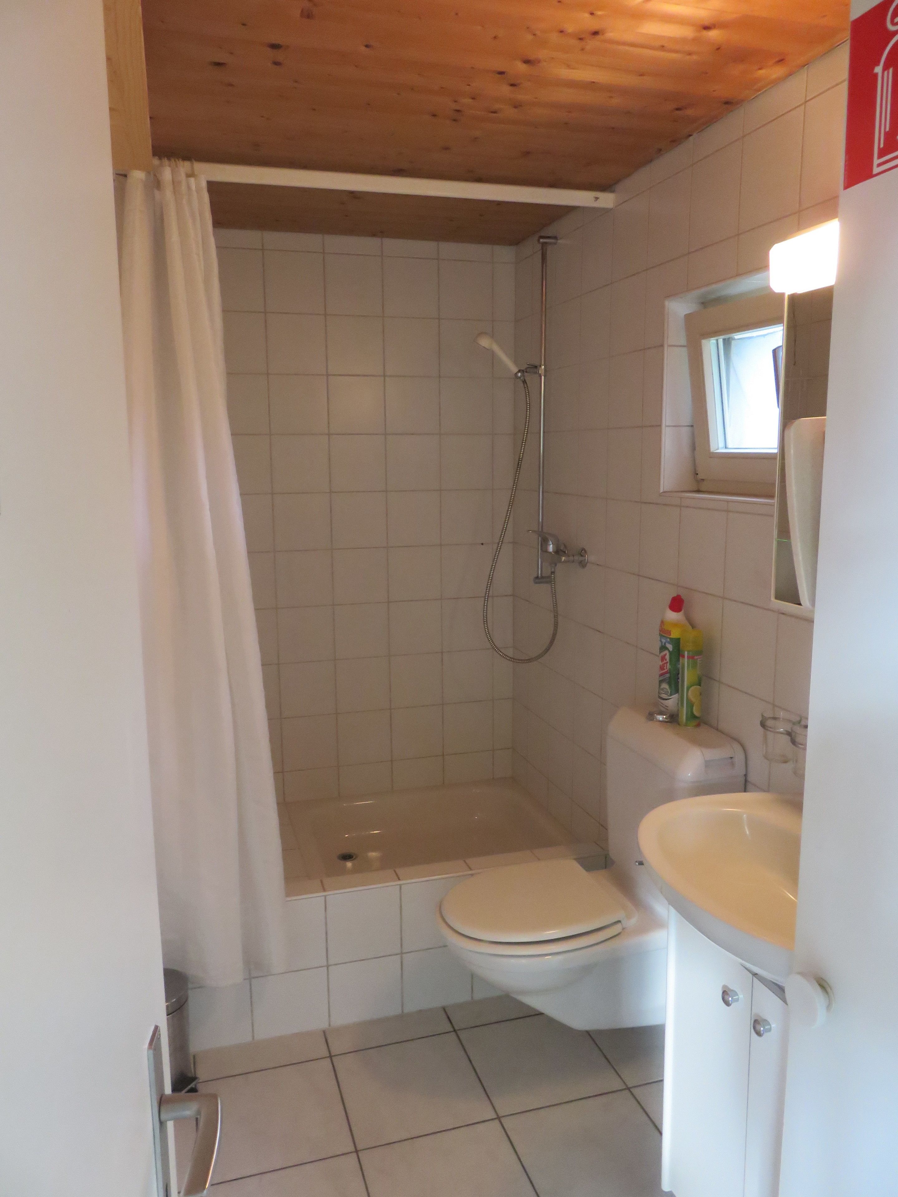 A small bathroom with a shower, toilet, and sink.