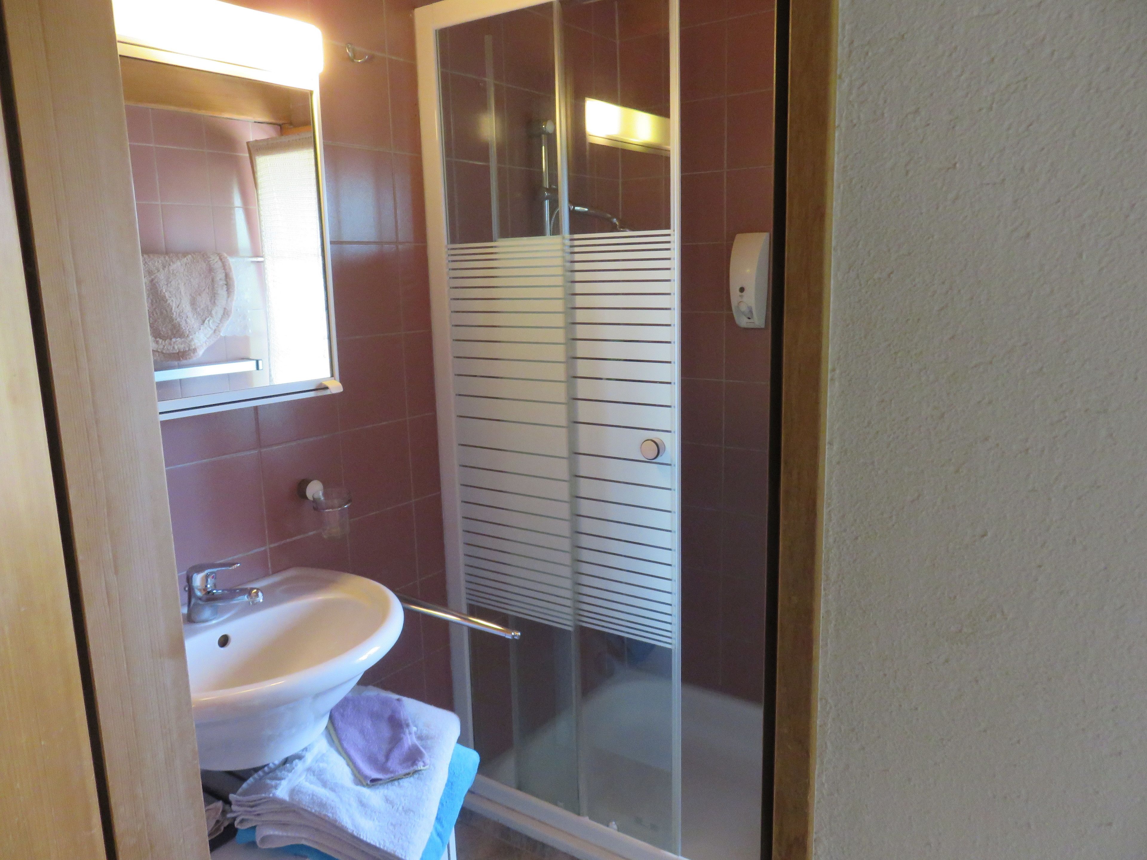 A bathroom with a glass-enclosed shower, a sink, and a towel rack.