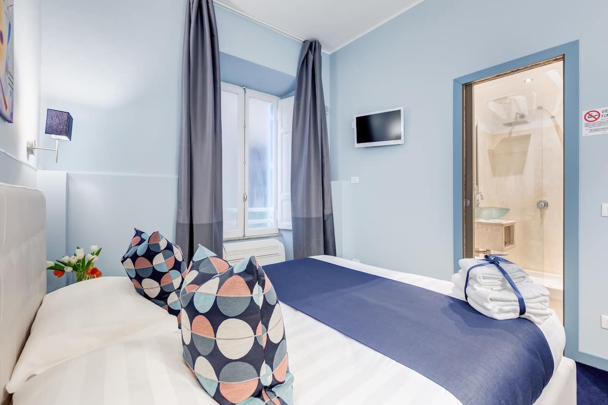 Habitación de hotel con cama, televisión, ducha y ventana con cortinas.