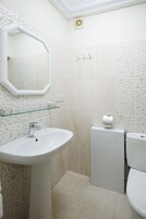 A bathroom with a pedestal sink, a glass shelf, a toilet, and a mirror.