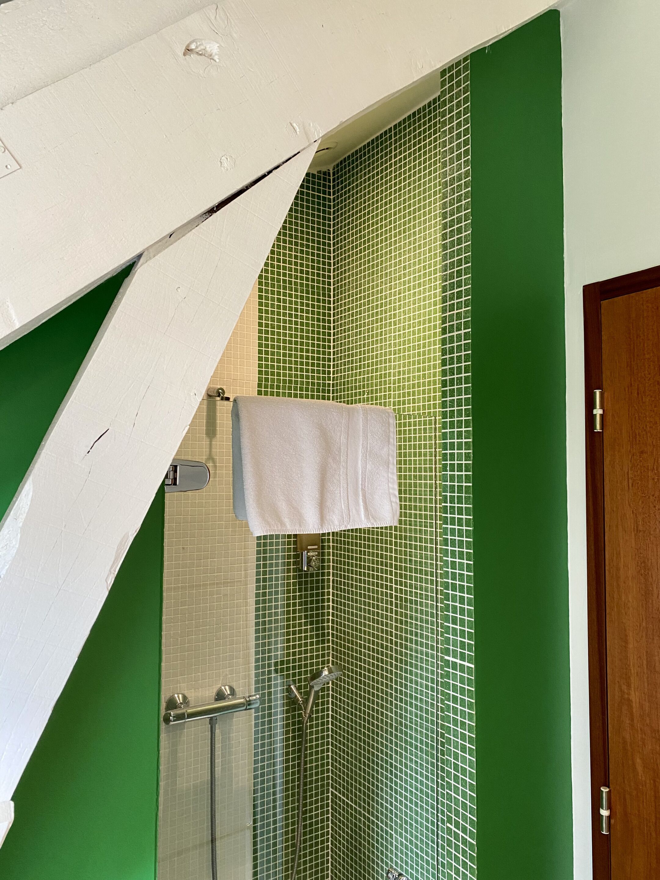 A bathroom with green tiled walls, a white towel hanging on a rack, a shower area, and a wooden door.