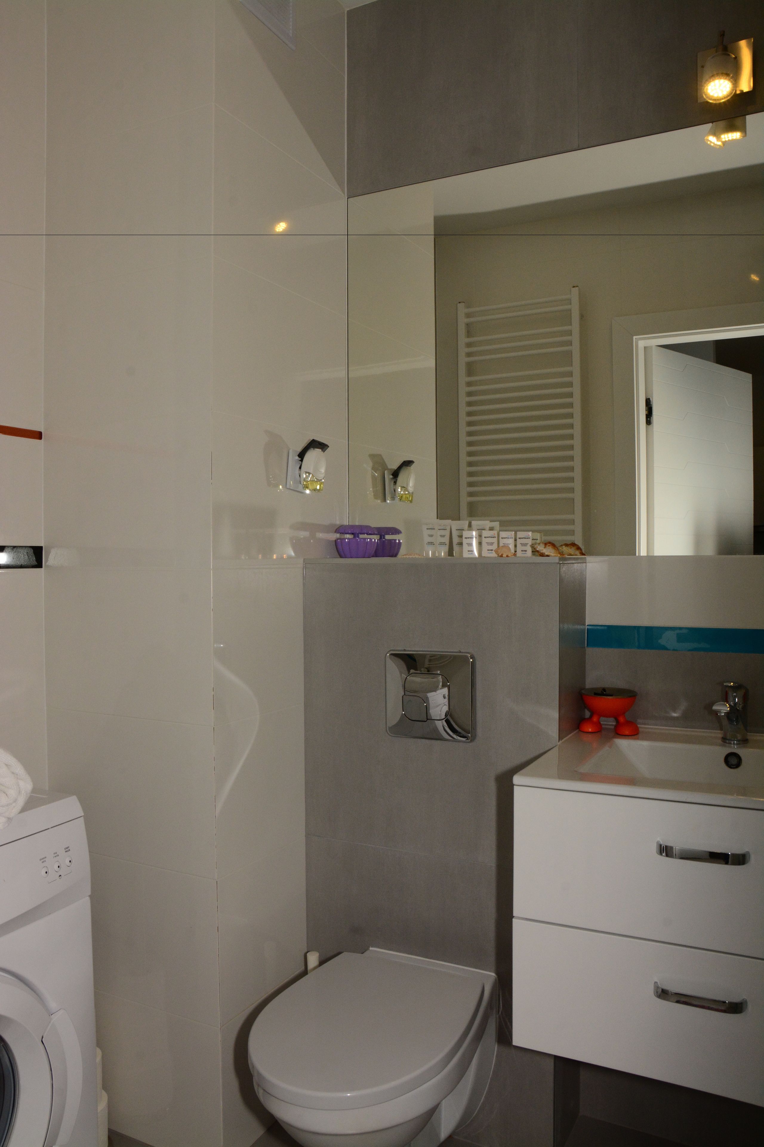 Une salle de bain moderne équipée de toilettes, d’un lave-linge, d’un lavabo et d’un miroir.