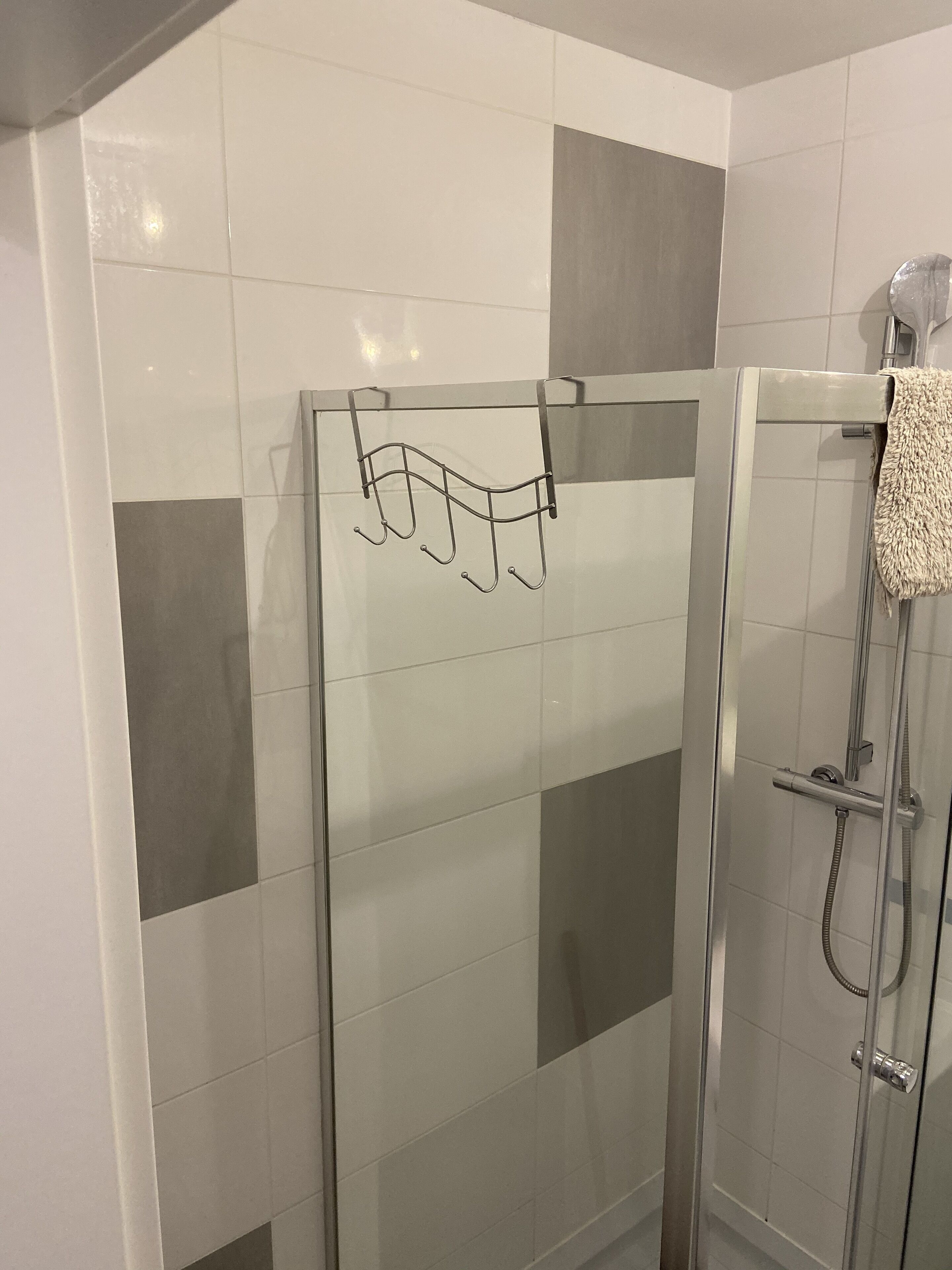 Ducha con mampara de vidrio, barra para toallas y cabezal de ducha.