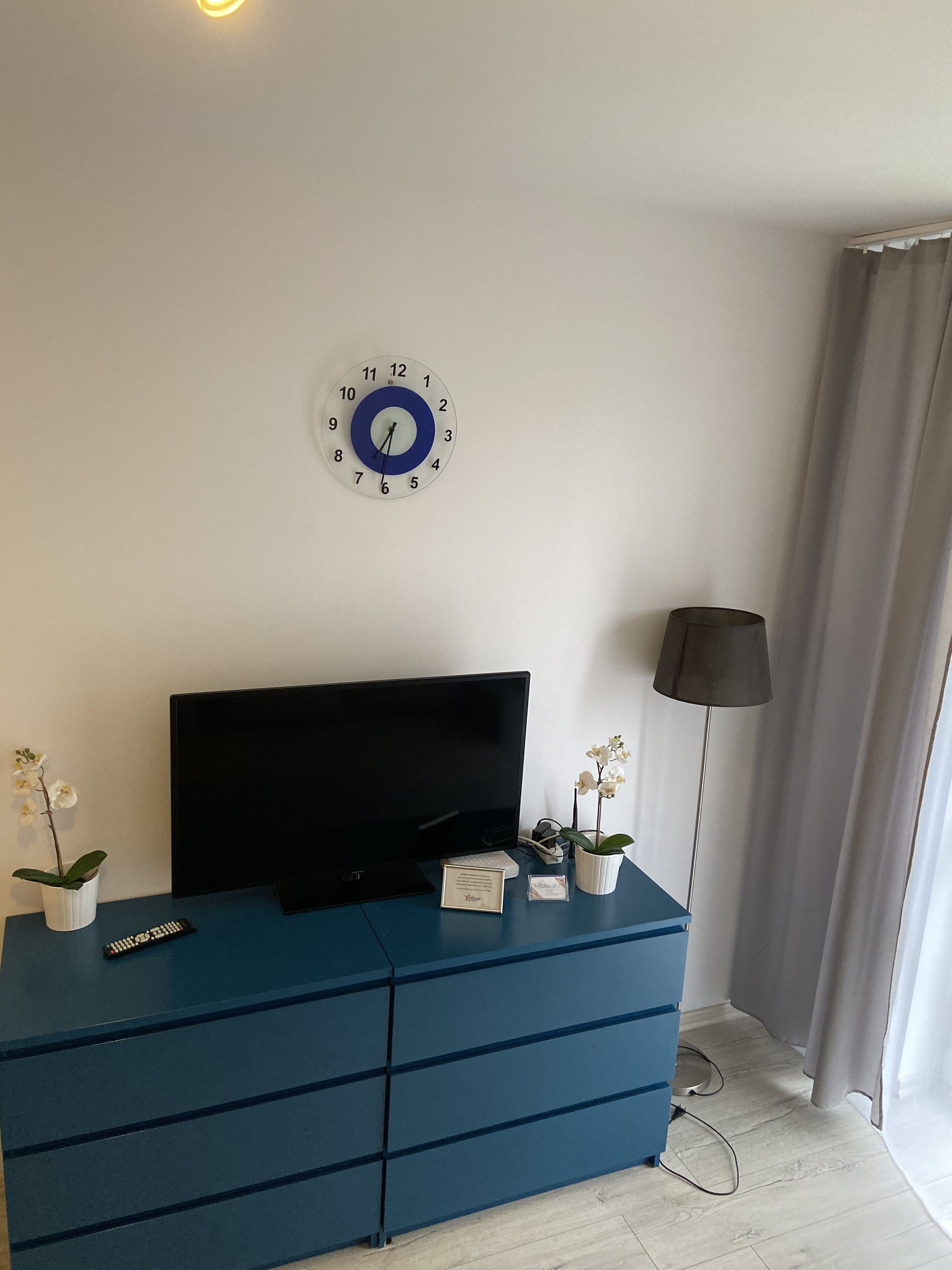 A room with a blue desk, a flat-screen TV, a clock, and two potted orchids.