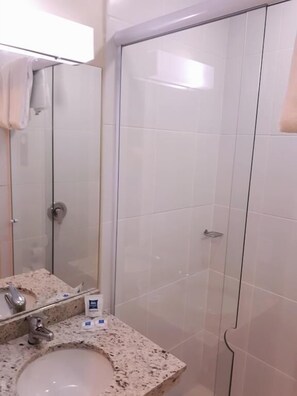 Shower, eco-friendly toiletries, hair dryer, towels