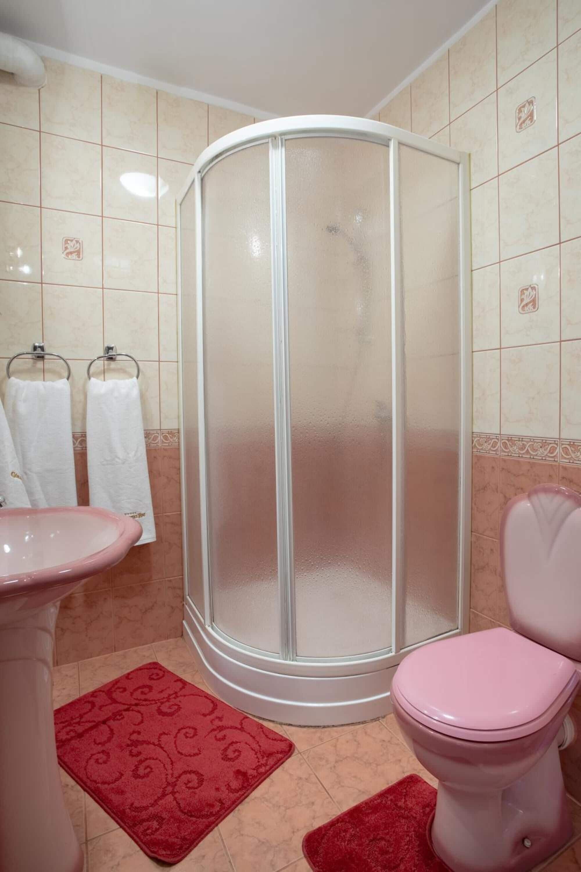 Ein Badezimmer mit Duschkabine, Toilette, Waschbecken und zwei Handtüchern an einem Wäscheständer.