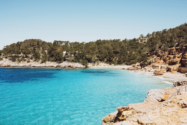 Una playa costera con agua turquesa cristalina, terreno rocoso y densas colinas boscosas al fondo.