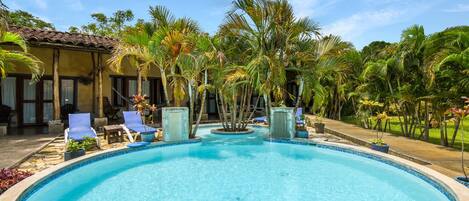 A swimming pool with lounge chairs and palm trees.