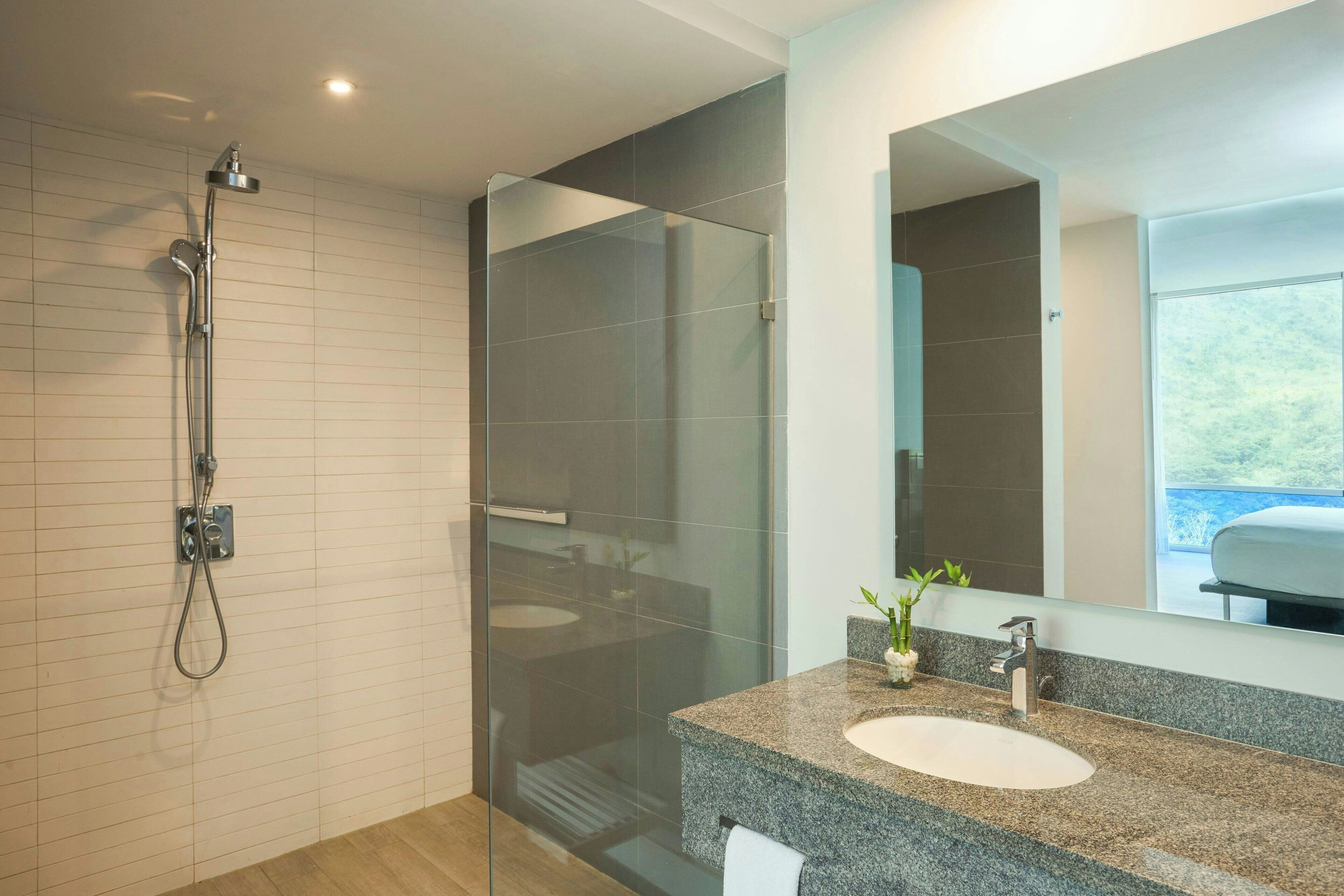 A modern bathroom with a glass shower enclosure, a granite countertop sink, and a large mirror.