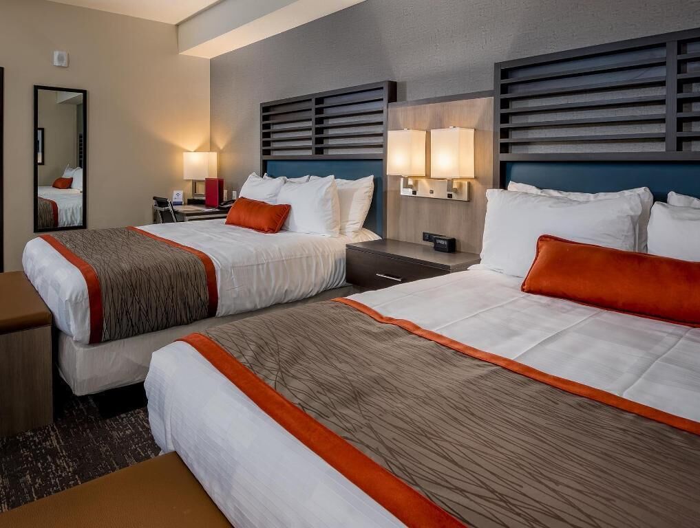 Pillow-top beds, desk, blackout curtains, iron/ironing board