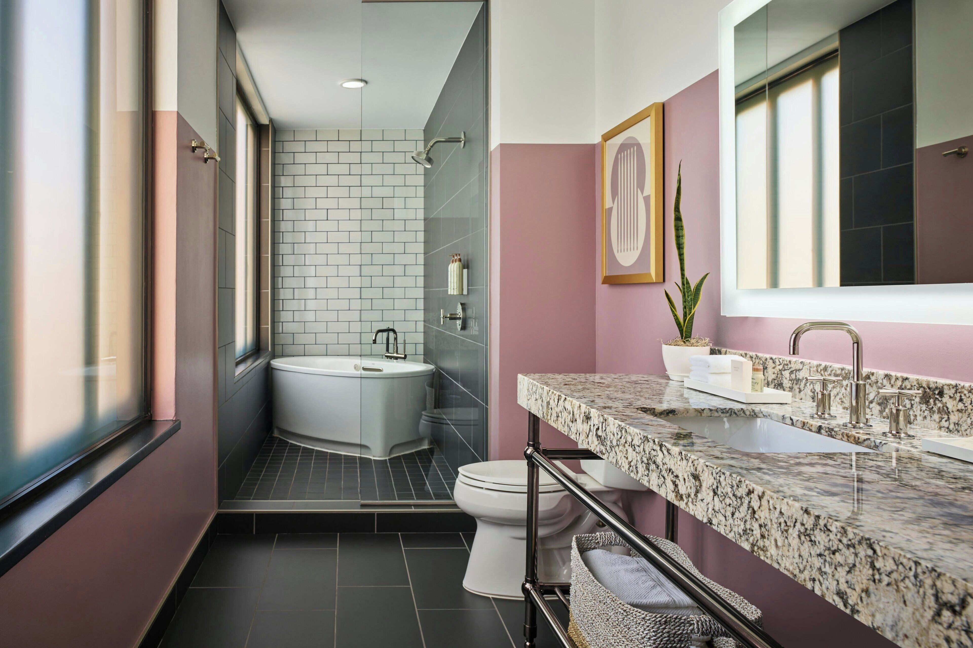 combined shower/bathtub, free toiletries, hair dryer, towels