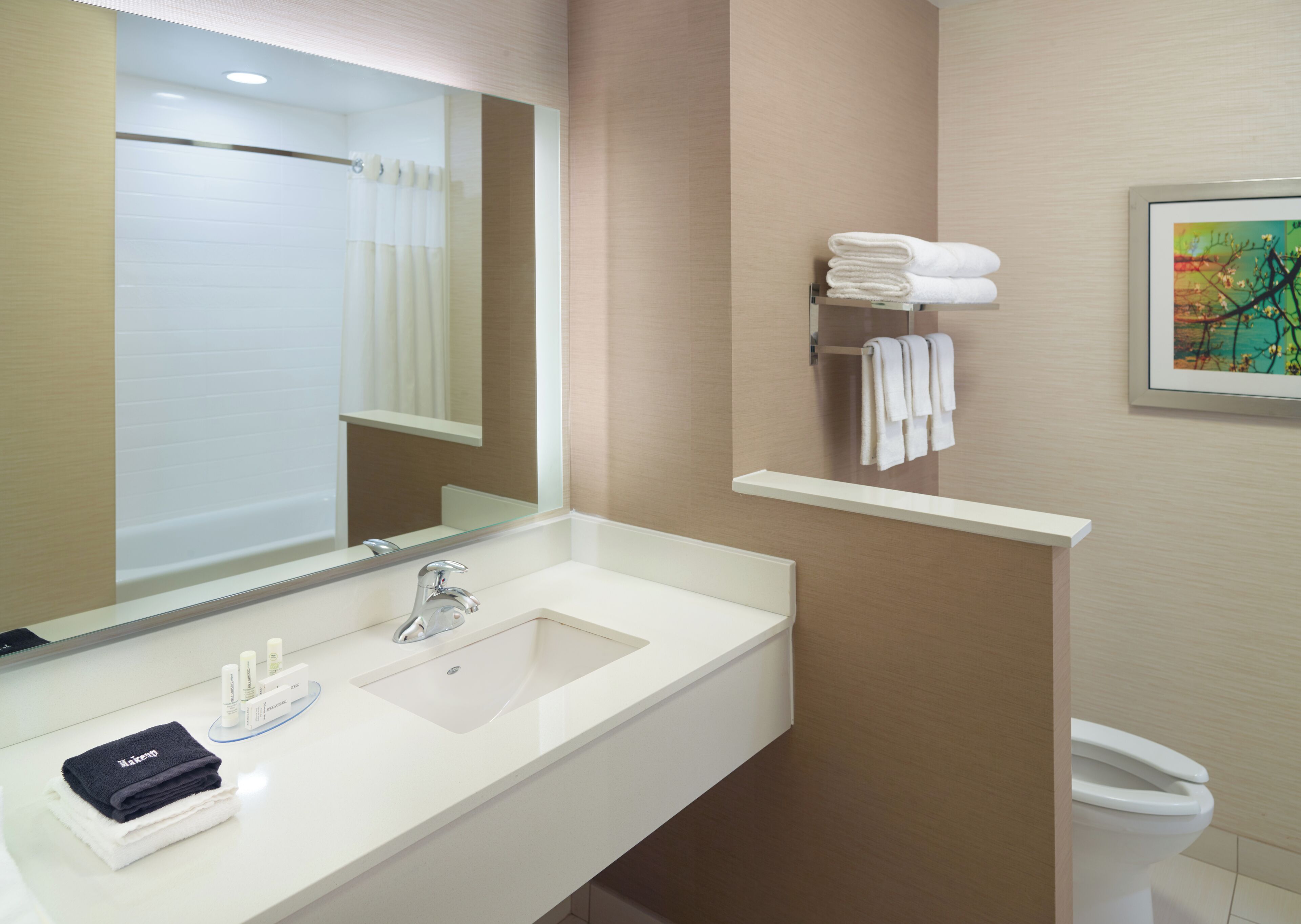 combined shower/bathtub, hair dryer, towels