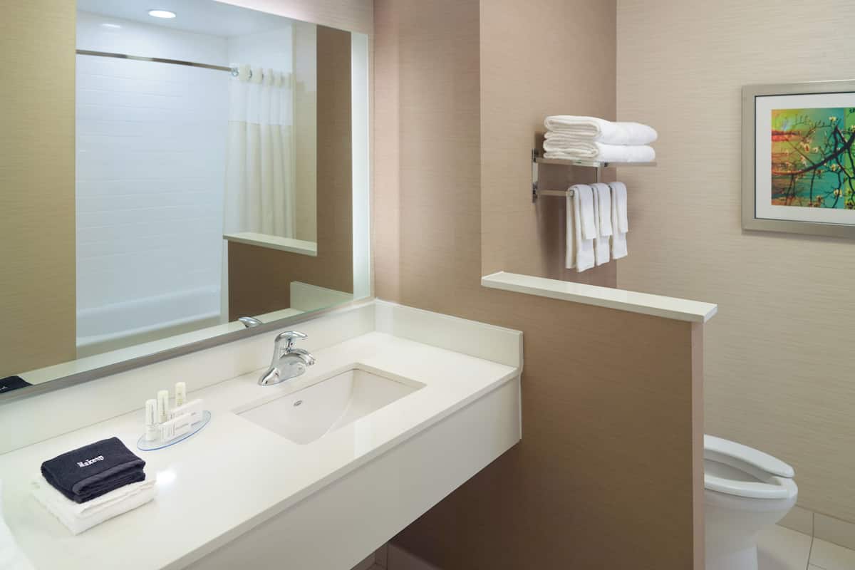 combined shower/bathtub, hair dryer, towels