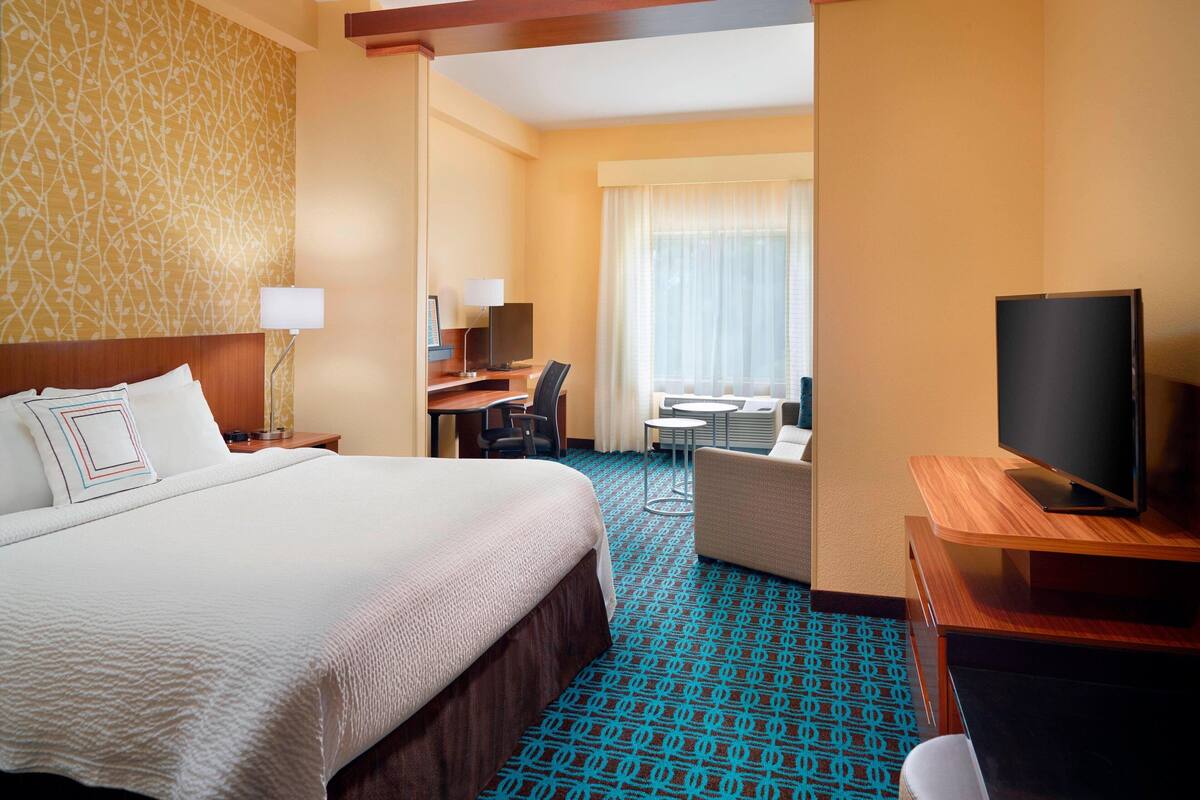 A hotel room with a large bed, a desk with a computer, a TV, and a view of the outdoors.