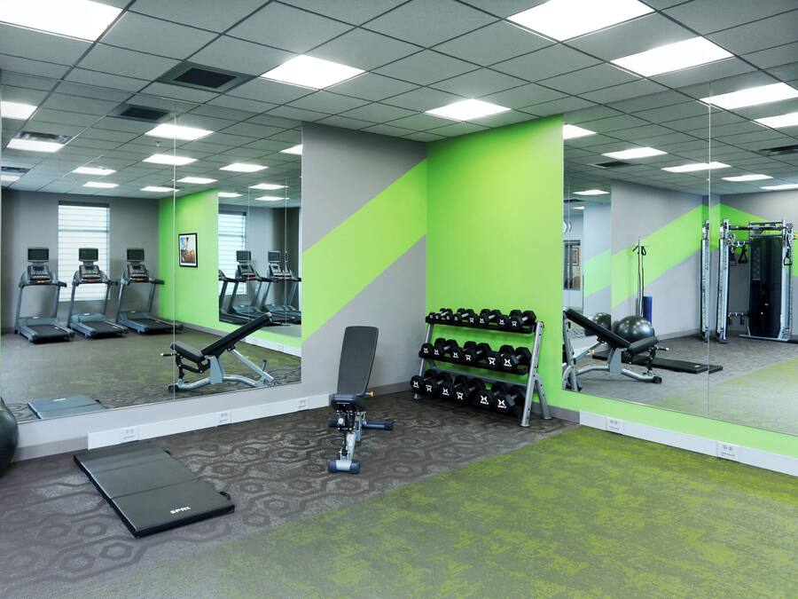 A gym with treadmills, a bench press, and a rack of dumbbells.