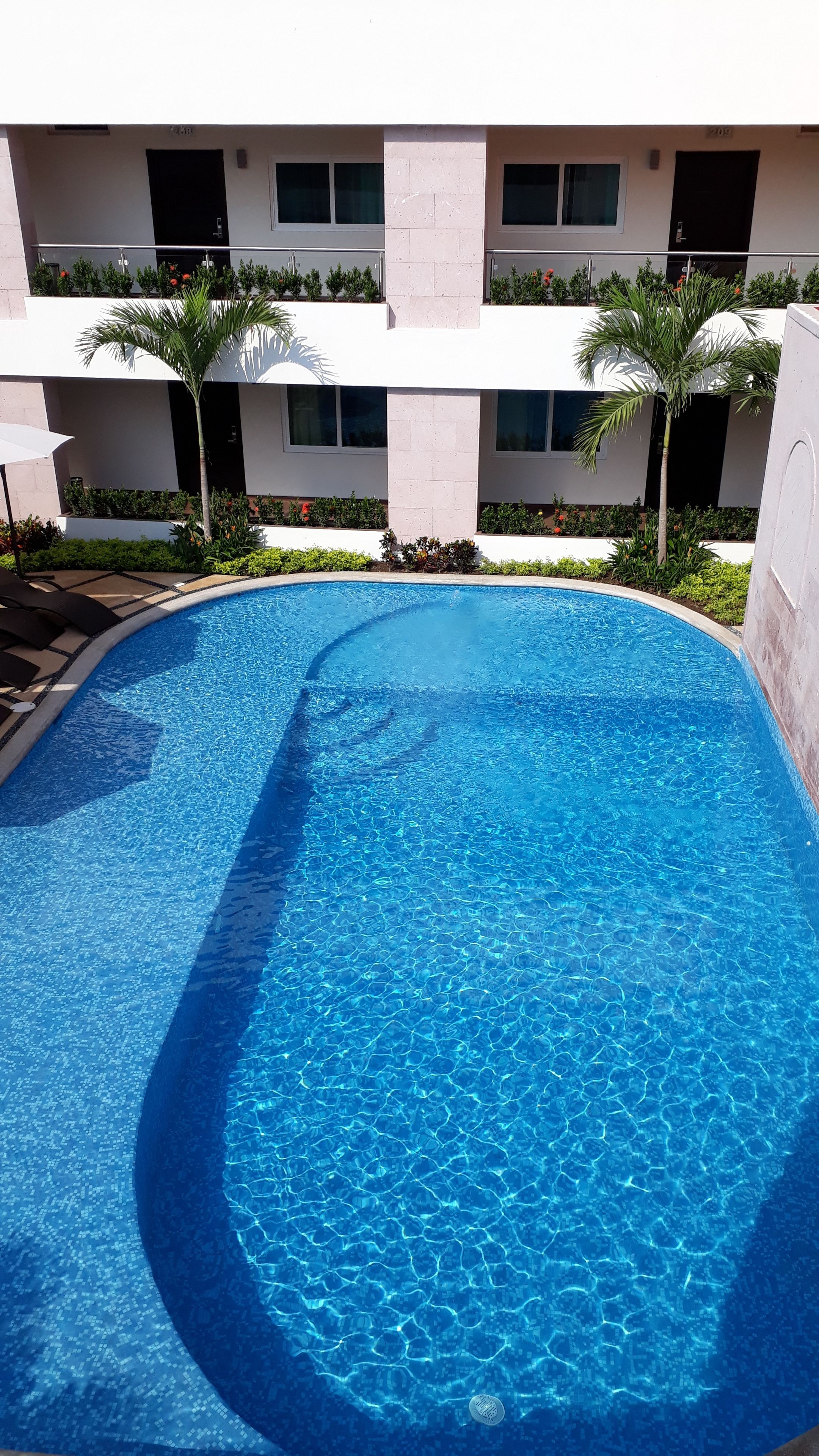 A swimming pool with clear blue water, surrounded by a modern building with balconies and palm trees.