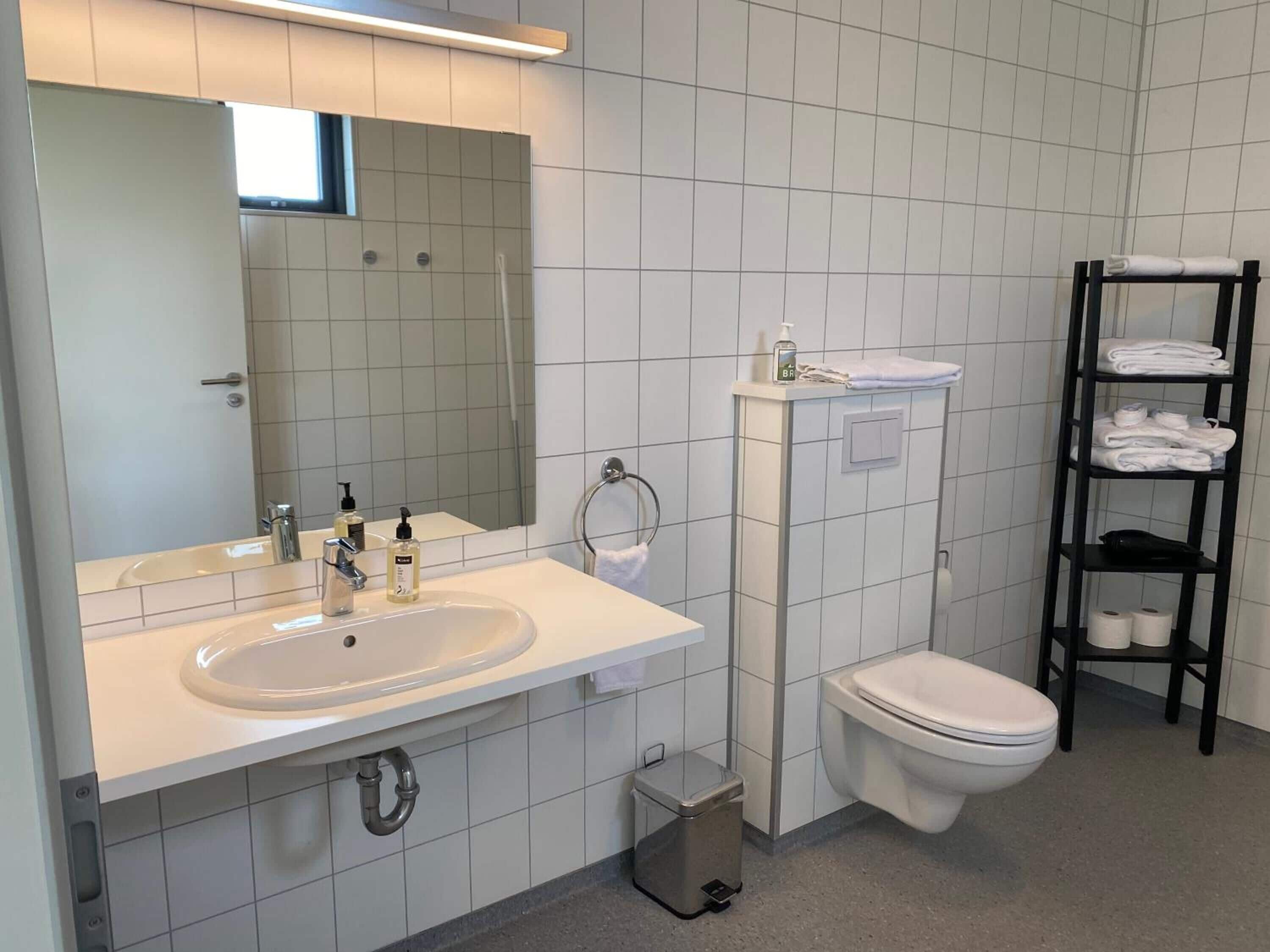 Ein modernes Badezimmer mit Waschbecken, Spiegel, Toilette und Handtuchhalter.