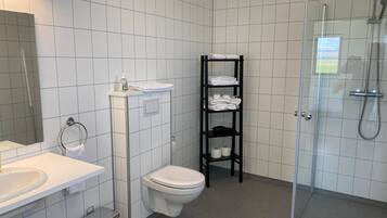 A modern bathroom with a toilet, sink, and a glass-enclosed shower area.