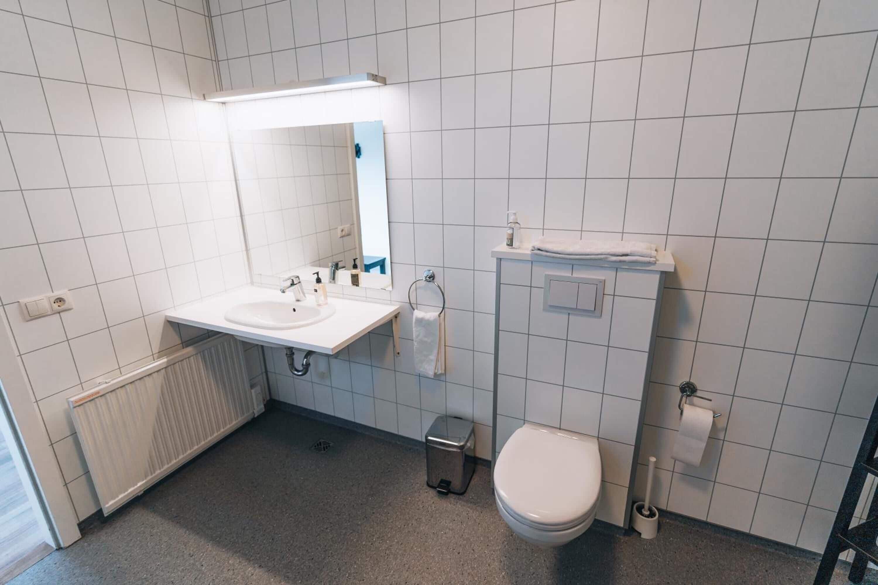 A modern bathroom with a white sink, mirror, and toilet.