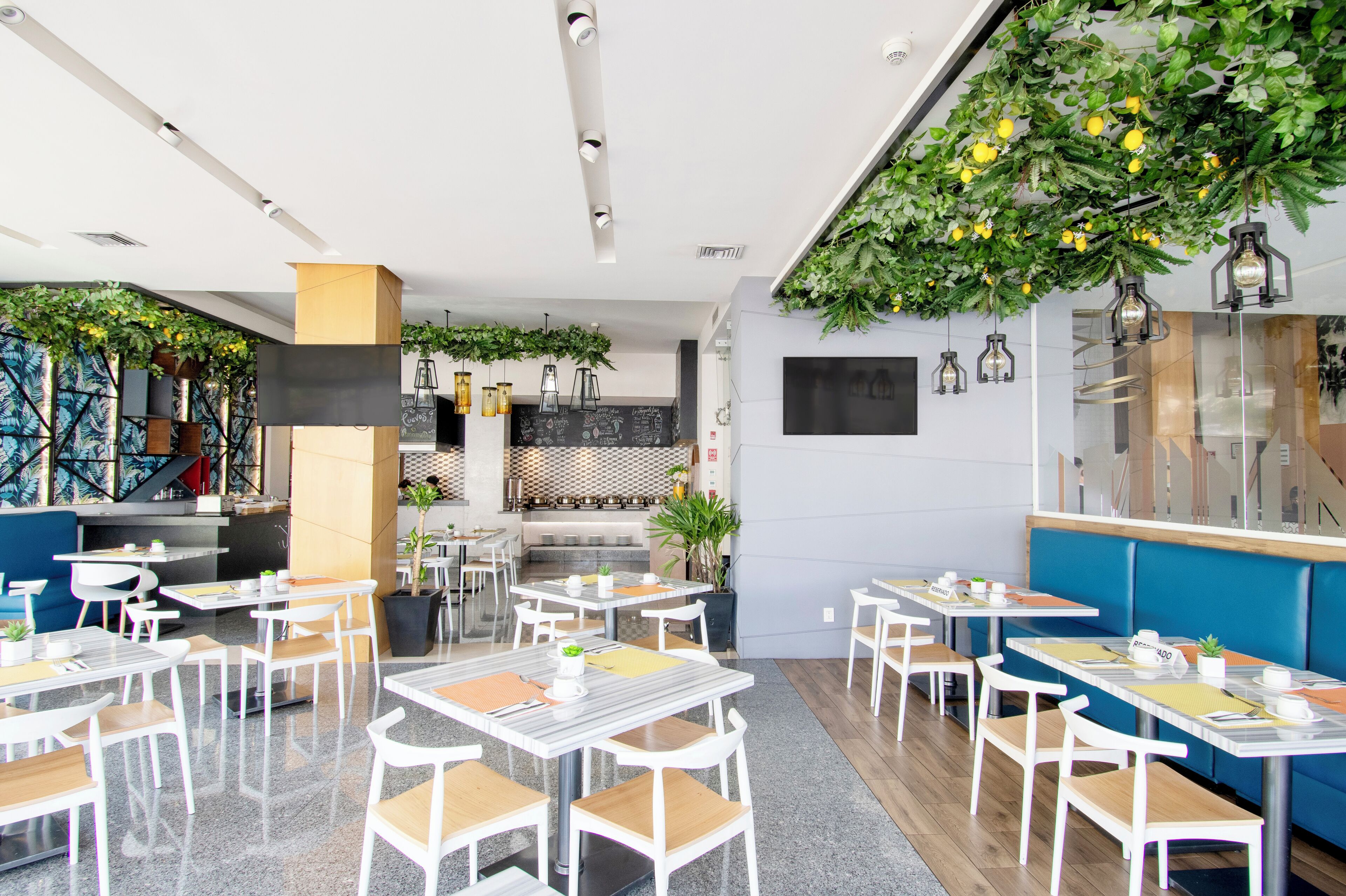 A modern restaurant interior with white tables, wooden chairs, and green plants hanging from the ceiling.
