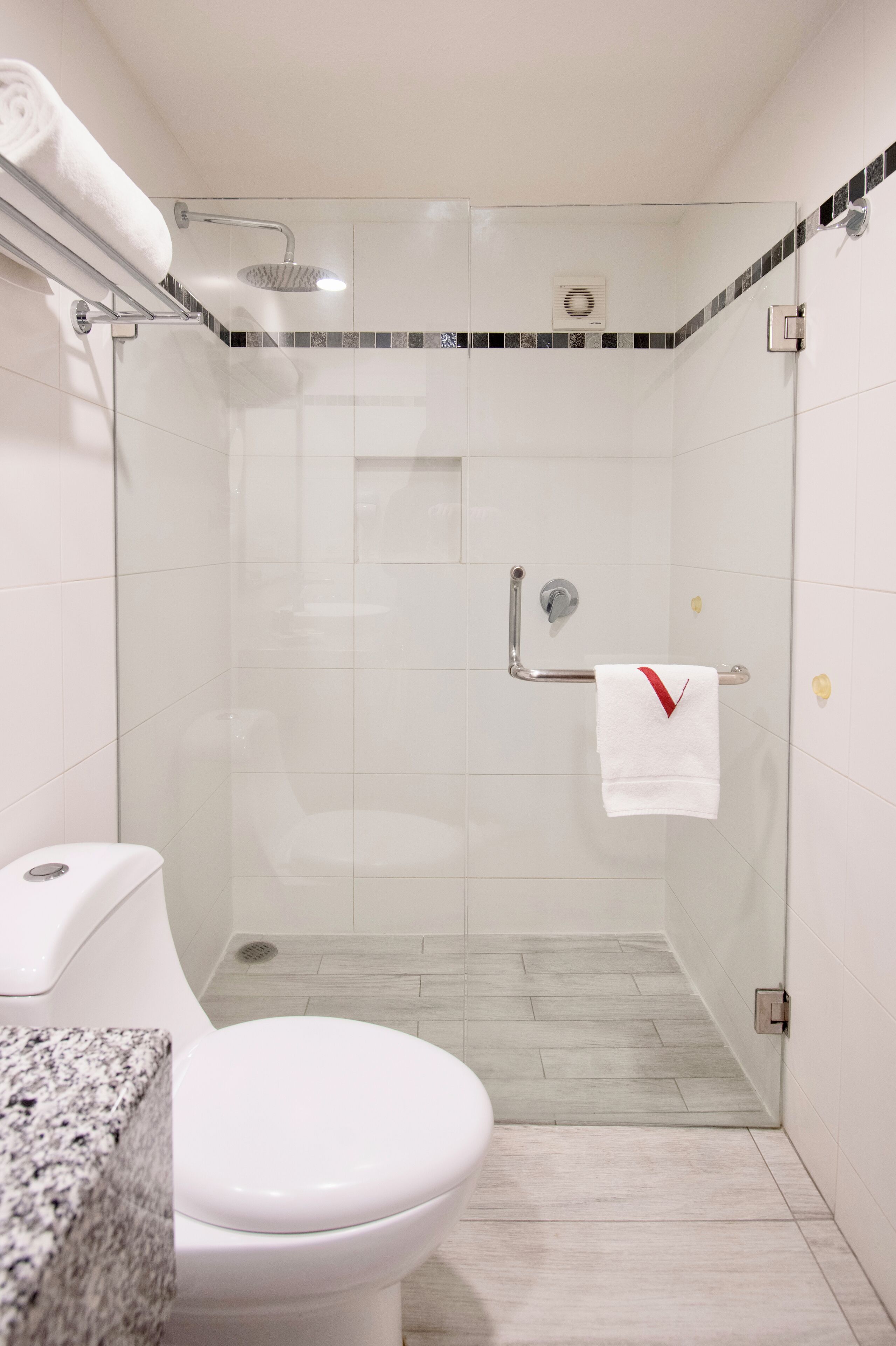 Une salle de bain moderne avec une douche à parois de verre, des toilettes blanches et un porte-serviettes avec une serviette.