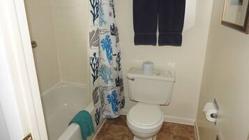 Un baño con bañera, inodoro y cortina de ducha.