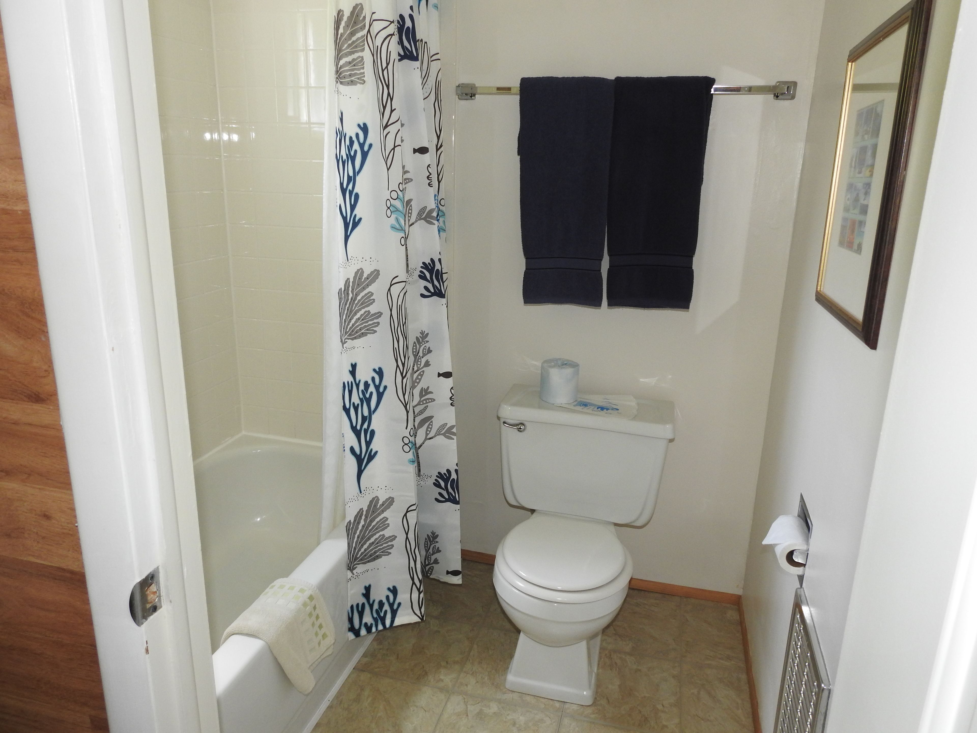 A bathroom with a bathtub, toilet, and shower curtain.