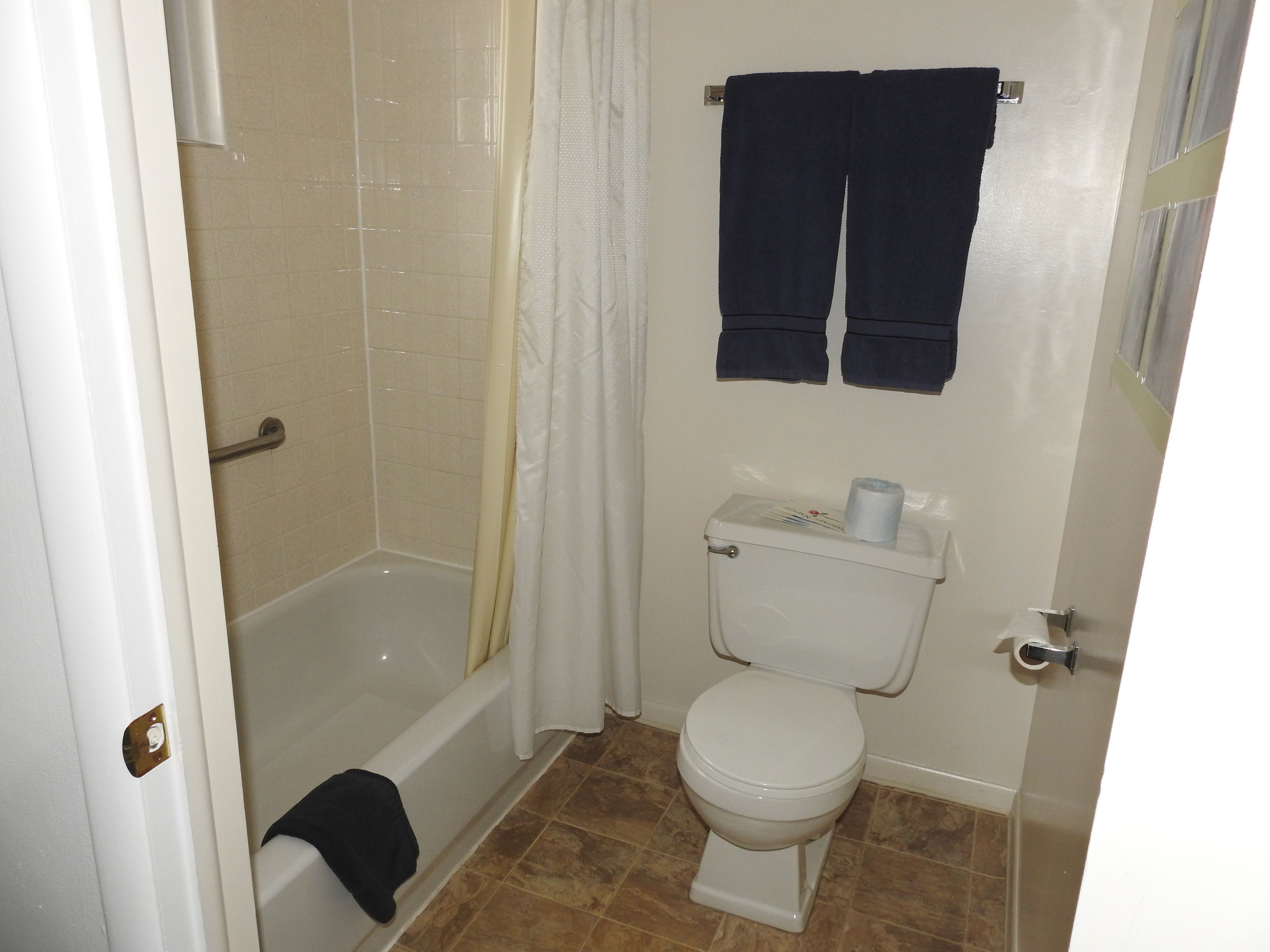 Une salle de bain avec une baignoire, des toilettes et un rideau de douche.