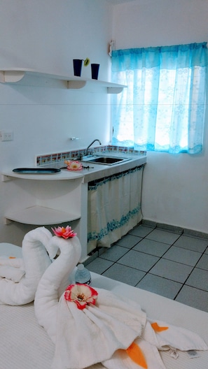 Escritorio, cortinas blackout y tabla de planchar con plancha