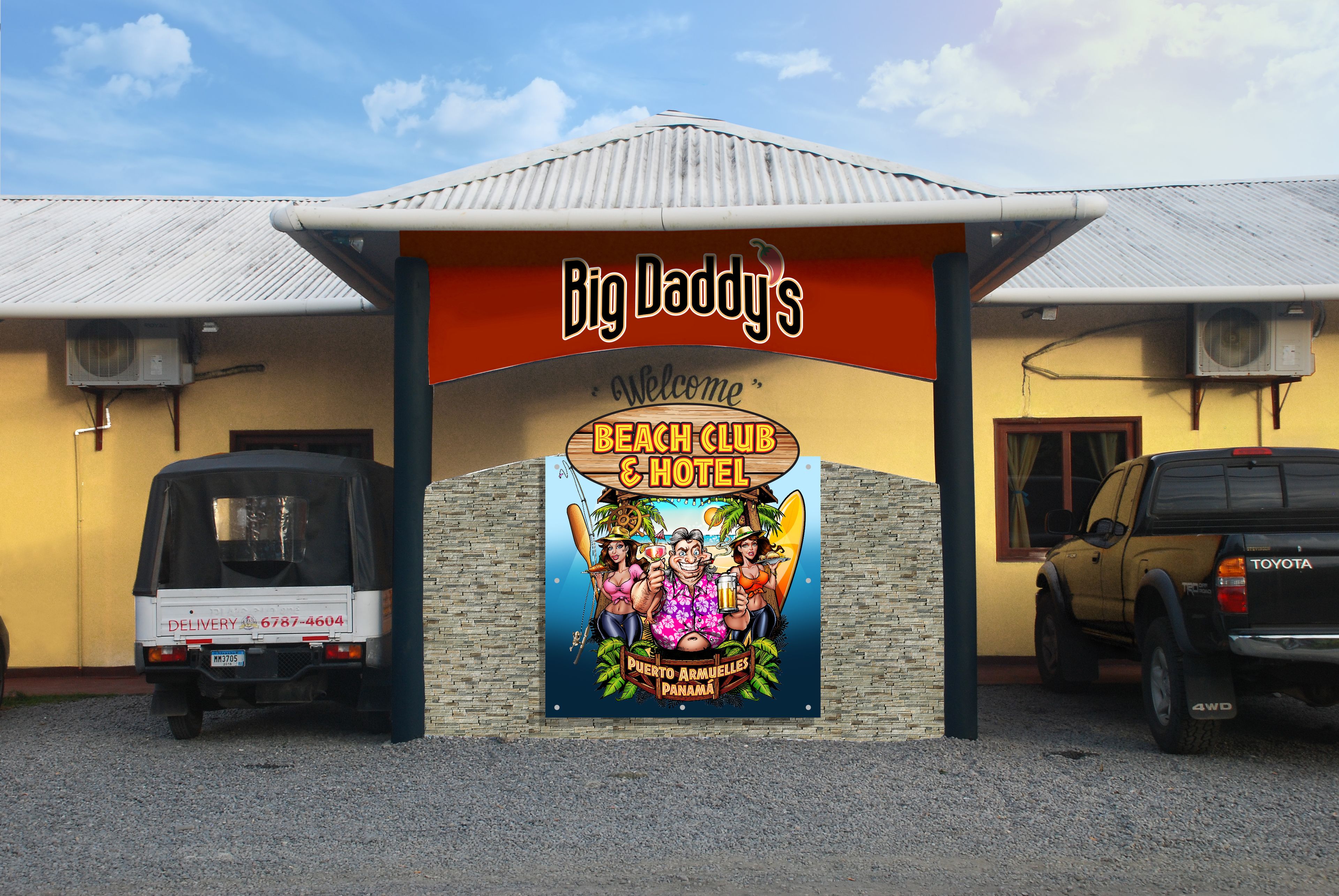 A beach club and hotel entrance with a sign reading "Big Daddy's" and a delivery truck parked nearby.