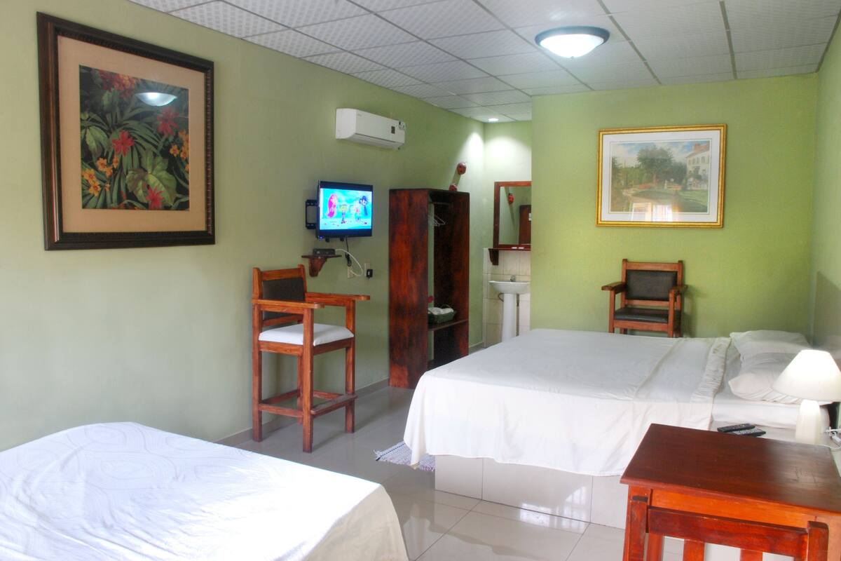 A hotel room with two beds, a TV, a wooden chair, a desk, and a framed picture on the wall.