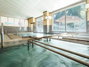 Una amplia piscina interior con múltiples carriles, una zona de terraza de madera y vistas al exterior a través de grandes ventanales.