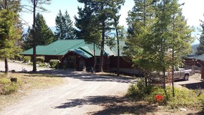 A rustic cabin with a green metal roof, surrounded by tall trees and a gravel driveway. - Authentic Hand-Crafted Mountain Cabin w/ Amazing Lake View ! (Somers)